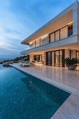 Fototapeta premium Modern home with infinity pool overlooking the twilight ocean scenery.