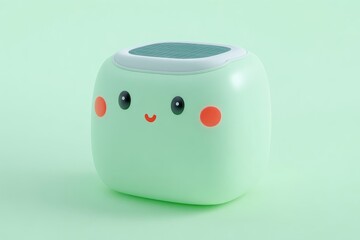 Cute, light green, square shaped, cartoon character device.  It has a happy face with round eyes, a smile, and small red accents