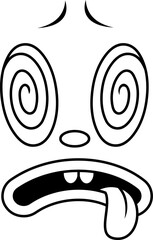 Outlined Dizzy Retro Cartoon Face with Swirl Eyes and Tongue Out. 30s 50s 60s Vintage Animation Style Character