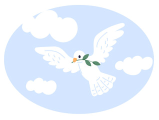 Dove of peace with olive branch in beak. Pigeon flying among clouds. Symbol of love and freedom. Hope bird. Peaceful animal. Wings of faith. Spiritual heaven. Twig leaves. Vector concept
