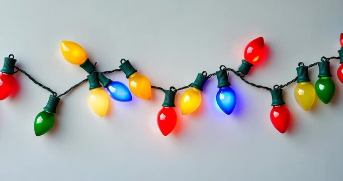 Border of colorful festive holiday light string set against white background