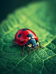 Fototapeta premium A ladybug crawling on a green leaf