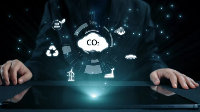Business person implements initiatives to reduce CO2 emissions, aiming for net zero. Showcases commitment to sustainability by reducing CO2 for a greener planet. UUID