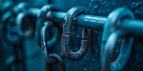Rusty metal carabiners attached to a steel chain, Close-up of worn-out metal hooks on a heavy-duty chain

