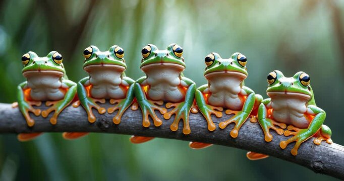 Australian white tree frog perched on a branch, dumpy frog resting on a branch, closeup of green tree frog.