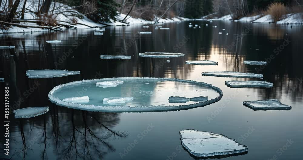 Poster a dark river surface featuring floating ice fragments and reflections of trees, establishing a calm 
