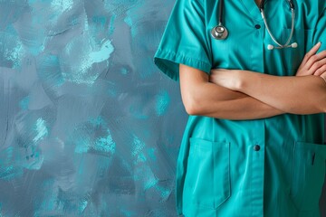 Close-up of a confident, female doctor in blue-green scrubs with folded arms. Healthcare, mockup.