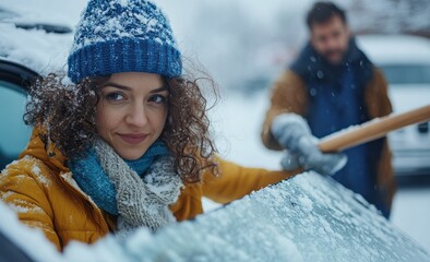 Young woman scraping snow from car on a cold winter day outdoors