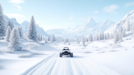 Snowy winter adventure vehicle.  A modern off-road vehicle on a pristine snow-covered path, amid a winter wonderland of snow-dusted mountains and fir trees