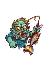 A decayed zombie fisherman, wearing tattered clothes, grimly holds a fishing rod, standing amidst a swampy, overgrown landscape.