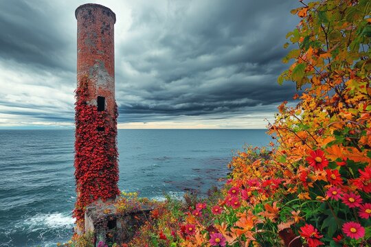 A weathered brick tower, covered in vibrant autumn ivy, stands majestically on a dramatic cliff overlooking a vast ocean.