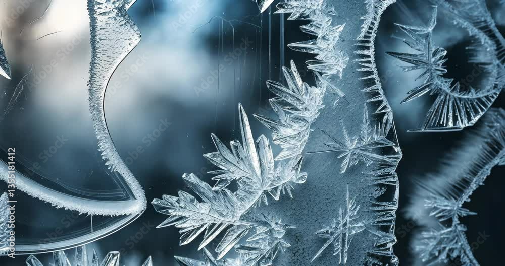 Poster a detailed view of complex ice crystals formed on a window, producing intricate and natural patterns