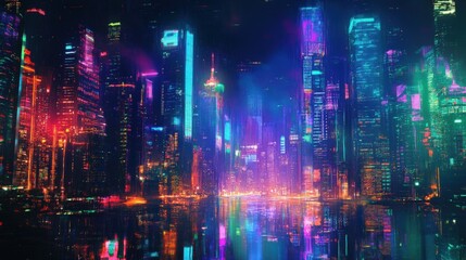 A futuristic city skyline reflecting vibrant lights on water