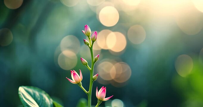 A new stem appears, soft and delicate, growing upward with vibrant energy. Small buds emerge along its length, heralding future leaves and branches. It moves lightly, harmonizing with the natural