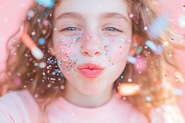 Playful Confetti Blast with Happy Child on Pink Background