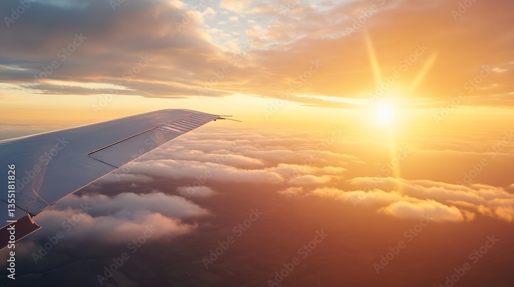 Poster aerial view of a serene landscape from an airplane showing clouds and golden sunset : generative ai