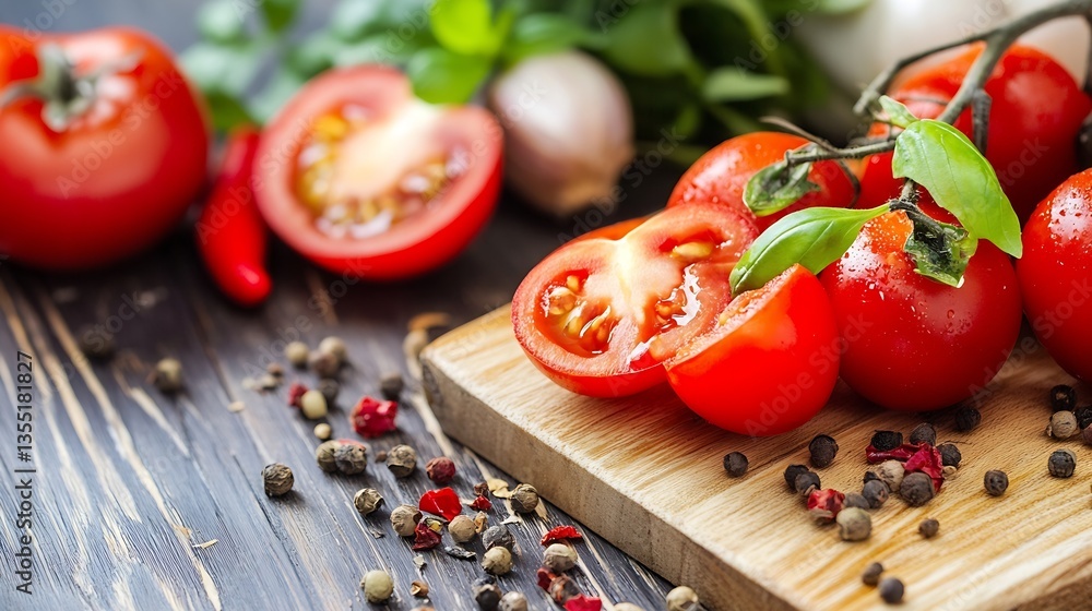 Poster Freshly sliced tomatoes on a chopping board surrounded by colorful herbs and spices in a kitchen setting : Generative AI