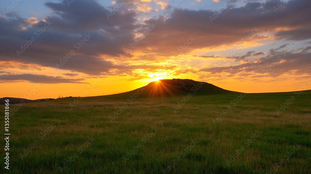 Aufkleber Stunning view of a hillside at sunset with rays of sunlight breaking through clouds illuminating the lush green field below : Generative AI
