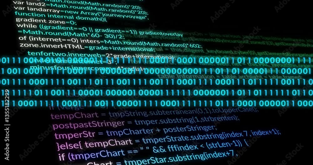 Poster animation of binary code overlaying programming script on digital display screen