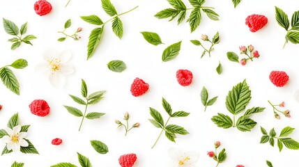 Bright and Fresh Arrangement of Raspberries and Green Leaves with White Flowers on a White Background