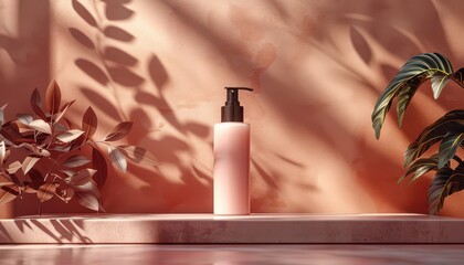 A bottle of lotion is sitting on a table next to a plant