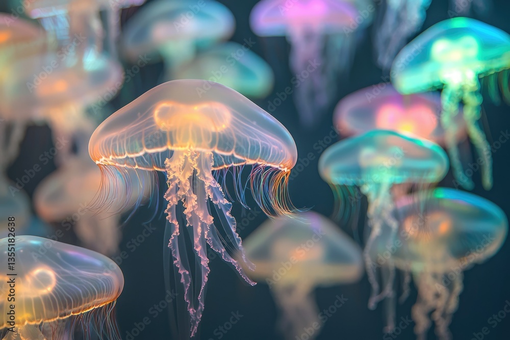 Poster mesmerizing iridescent jellyfish gracefully float, their tentacles trailing in the ocean's current.