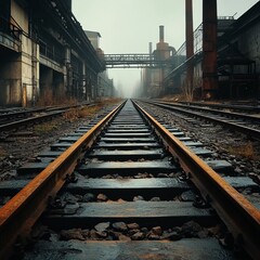 Obraz premium A long, unused railway track stretching through an empty industrial zone, the rails rusty and undisturbed, the silence creating a haunting atmosphere, abandoned and isolated.