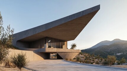 Modern concrete house exterior, hillside setting, dramatic architecture, tranquil view