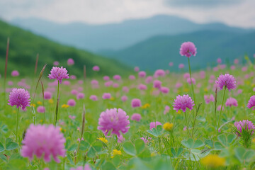Obraz premium Field of purple clover blooms beneath misty hills. A serene and natural landscape evokes peace.