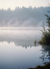Fototapeta premium Misty Morning Reflections of Trees on a Lake