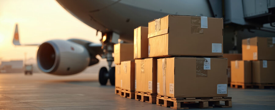 Cargo boxes stacked near airplane. Airport terminal air freight, global shipping, fast delivery. Cardboard boxes on pallet ready for transportation, import, export.