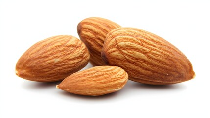 Close Up View of Raw Brown Almond Nuts on a White Background Showcasing Natural Textures