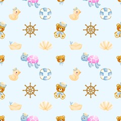 Fototapeta premium Nautical Teddy Bear Seamless Pattern