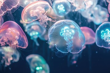 Mesmerizing jellyfish gracefully float, their translucent bells glowing with ethereal light.