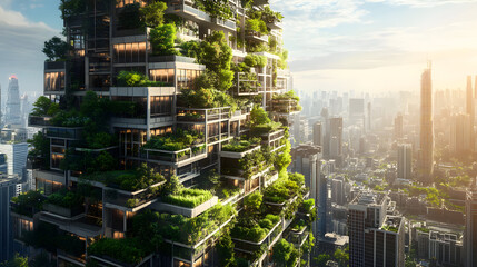 Obraz premium A high-tech city with green spaces, rooftop gardens, and vertical forests growing on skyscrapers, providing clean air and improving the quality of urban life.