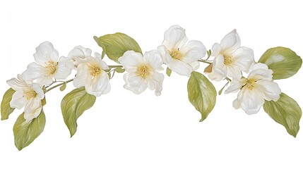 Fototapeta premium Delicate White Blossoms with Green Leaves Arranged Elegantly in a Floral Composition