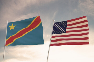 Relations between the countries of the United States of America USA and DEMOCRATIC REPUBLIC OF THE CONGO represented by the concept of two flags waving against a cloudy sky.3d render.