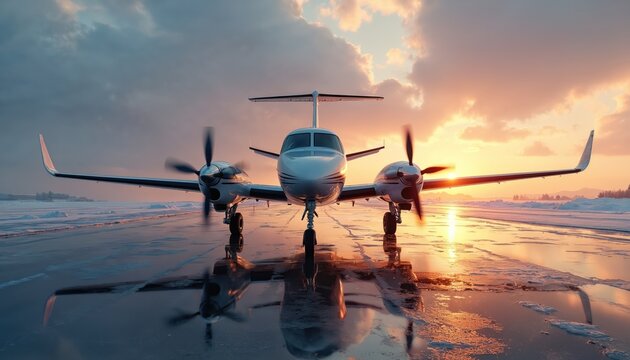 Beechcraft Baron G58 airplane on icy runway at sunset. Propeller plane on airport runway. Aircraft, aero, flight concept. Airplane, plane. Cold weather landscape.