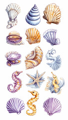 Obraz premium Seashells & Sea Horse Illustration