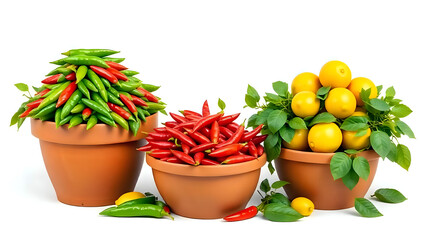 Red chilli , Lemons and green chilli in separate pots.