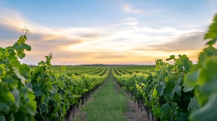 Naklejka premium Vast vineyard stretching into the distance under a colorful sky during sunset : Generative AI
