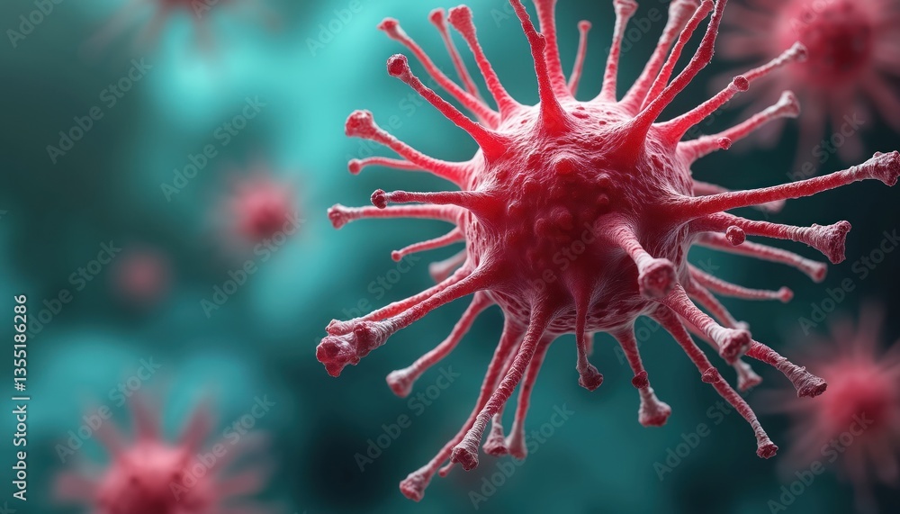 Aufkleber Illustration microscopic view of virus particle. Red spiky pathogen with blurred green background. Medical science concept of disease, healthcare, infections, pandemic. Biology, cell structure.