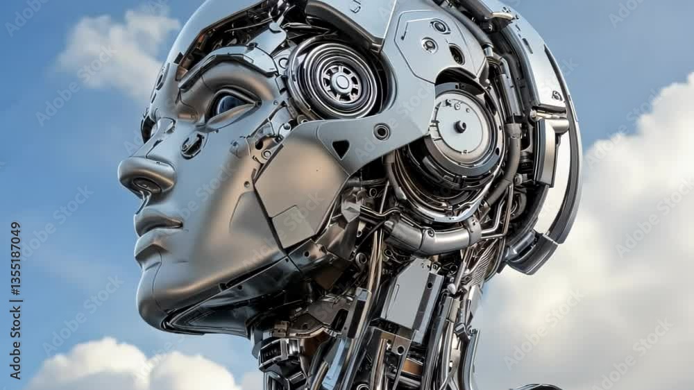Poster exploring the intricacies of robotic design in a futuristic landscape with advanced technology