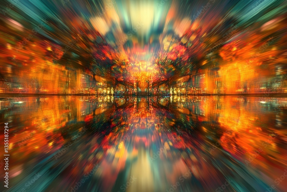 Poster a vibrant, symmetrical cityscape reflected in water, with a zoom effect creating a dynamic and color