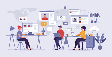 Virtual Office And Remote Work Lifestyle Illustration.