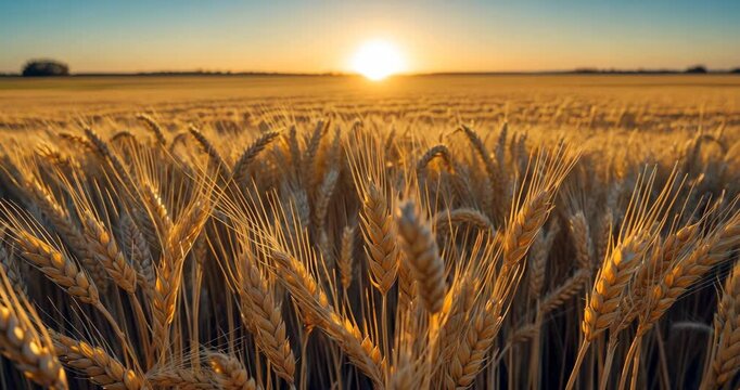 A golden wheat field with the sun setting behind it. The sun is positioned low on the horizon, providing a warm illumination over the field. The sky is bright blue and clear, completely free of