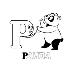 A black-and-white linear vector illustration featuring the letter P next to a panda. 