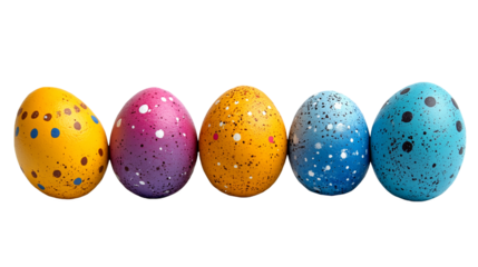 Assorted Speckled Easter Eggs in Vivid Colors Arranged in a Row on a Transparent Background for Festive Spring Holiday Decoration