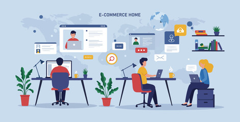 Virtual Office And Remote Work Lifestyle Illustration.