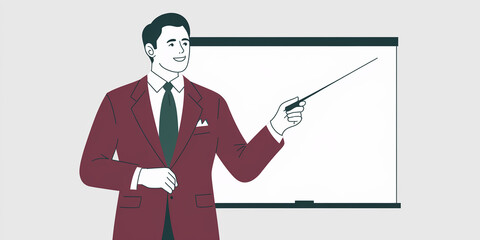 Illustration of a businessman in a burgundy suit presenting on a blank whiteboard, showcasing a business presentation or training concept